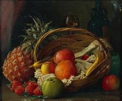 Still Life of Fruit in a Basket, a Pineapple Alongside and Wine Bottle and Glass Behind