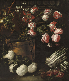 Still life of various flowers, figs and aspargus in and around a copper kettle