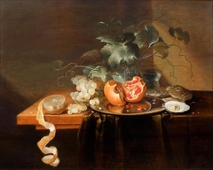 Still life with fruit, oysters and wine glass