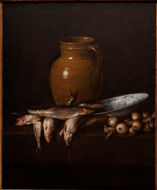 Still life with herrings, an earthenware jug, a porcelain dish, and onions