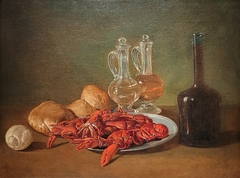 Still Life with Pewter Plate, Shrimps, a Lemon, Glass Cruets, Bread and a Bottle of Wine by Giacomo Ceruti