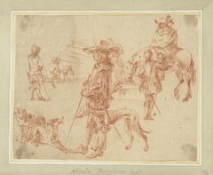 Studieblad met ruiters, paarden en honden by Unknown Artist