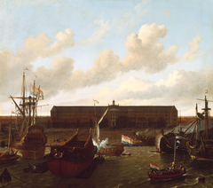 The Wharf of the Verenigde Oost-Indische Compagnie with the Oost-Indisch Zeemagazijn on the Amsterdam island called Oostenburg by Ludolf Bakhuizen