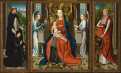 Triptych of Madonna and Child with Angels; Donor and His Patron Saint Peter Martyr; and Saint Jerome and His Lion by Master of the Legend of Saint Lucy