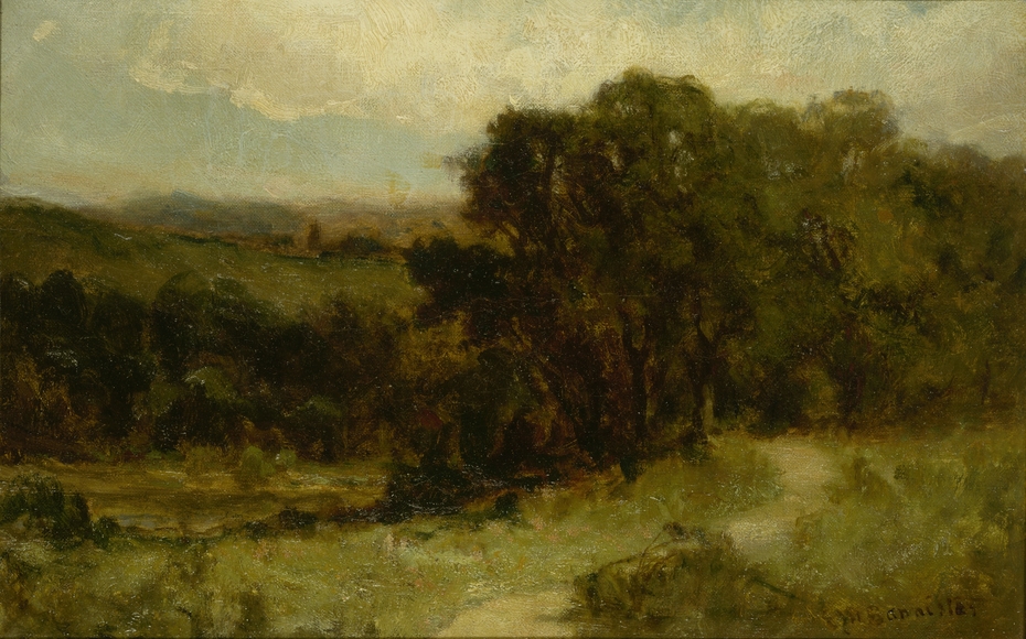 Untitled (landscape with road near stream and trees)