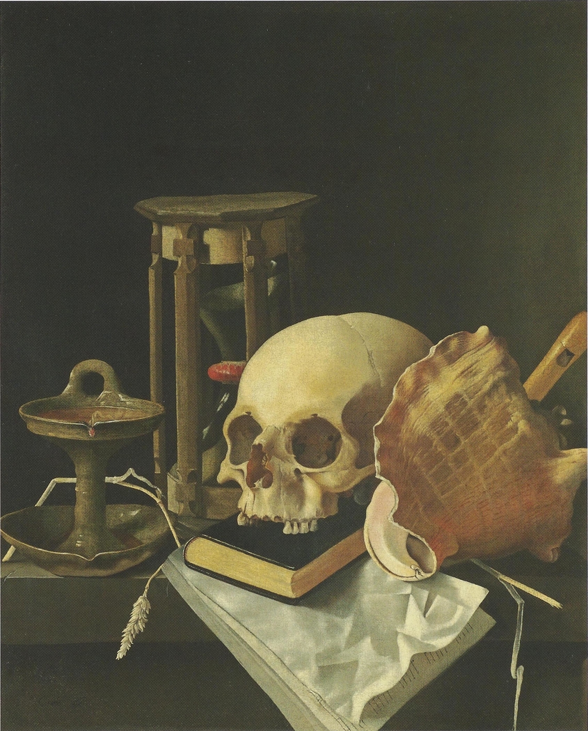 Vanitas Still Life with skull and hourglass
