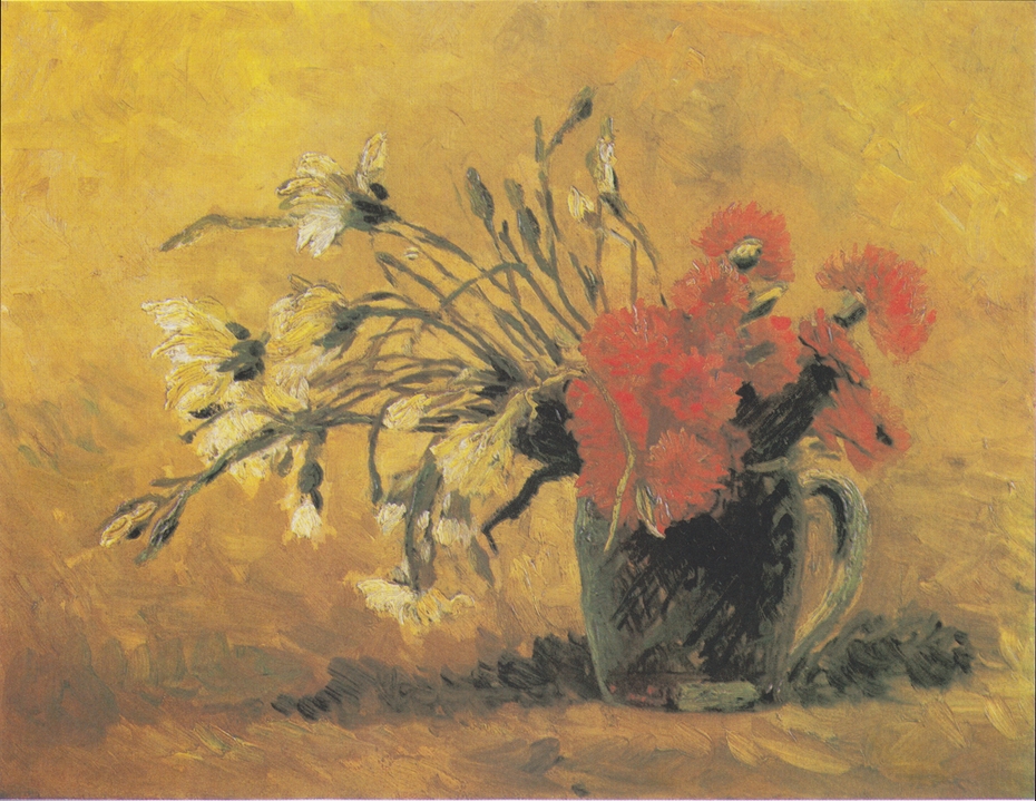 Vase with red and white carnation on a yellow background