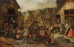 Village street with blind hurdy-gurdy player by David Vinckboons