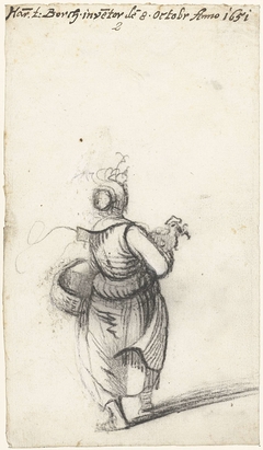 Vrouw met mand en kip, van achteren by Harmen ter Borch