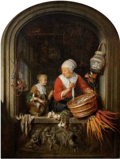 Woman selling herring and girl in a window