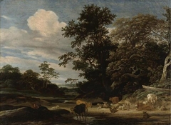 Wooded landscape with shepherds resting with their cattle near a stream by Jacob Salomonsz van Ruysdael