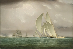 Yachting Race in New York Harbor with Naval Salute at Castle William on Governor's Island by James E Buttersworth