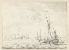 Zeegezicht met enkele schepen by Willem van de Velde II