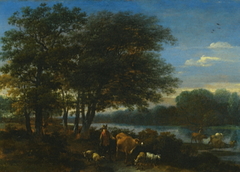 A Brosky River Landscape with Herders and Animals by Nicolaes Pieterszoon Berchem