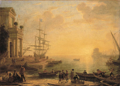 A capriccio of an Italianate harbour at sunset