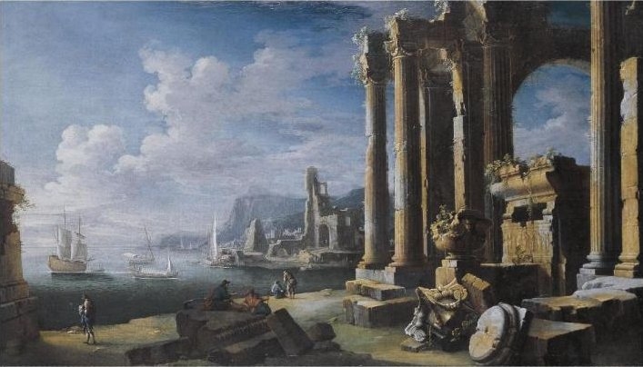 A capriccio of architectural ruins with a seascape beyond