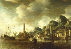 A Dutch Flagship and a Fluyt Running into a Mediterranean Harbour by Abraham Beerstraaten