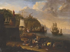 A port scene with figures unloading and shipping beyond