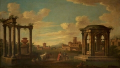 A Vaguely Italianate Landscape with Antique Ruins, Sheep and a Sportsman accosted by a Gypsy and her Children by Anonymous