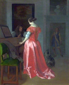 A Woman standing at a Harpsichord, a Man seated by her