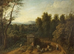 A Wooded Landscape with Peasants and Herdsfolk by a Monument by Flemish School