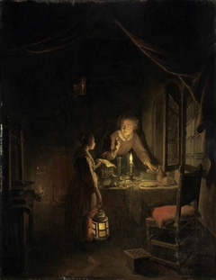 A Young Woman engaged at the Supper-table by Gerrit Dou
