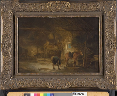 Barn interior with peasant and horse by Anonymous