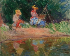 Blanche Monet peignant avec sa soeur Suzanne au bord de l'eau by Claude Monet