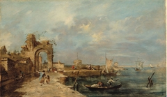 Caprice, avec un arc en ruine et port de mer by Anonymous