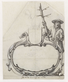 Cartouche met een man met een dennenstam by Pieter Jansz