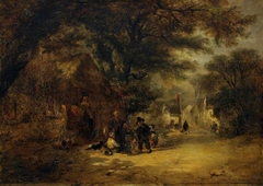 Children gathered outside a Village Cottage by Alfred Montague