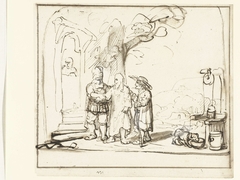 Christus en twee discipelen voor de herberg te Emmaüs by Nicolaes Maes