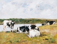 Cows on a Riverbank by Eugène Louis Boudin