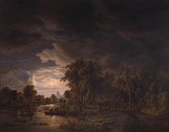Dorp aan de rivier in maneschijn by Jacob Abels