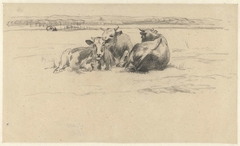 Drie koeien bij elkaar liggend in een wei by Guillaume Anne van der Brugghen