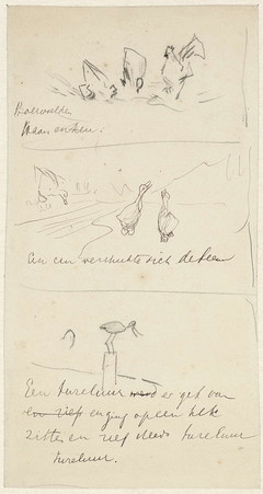 Drie schetsen voor illustraties in Hoe de vogels aan een koning kwamen by Theo van Hoytema