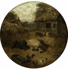 Eight Circular Farmyard Scenes (1. Pigs; 2. Mare and Foal; 3. Cows; 4. Sheep; 5. Chickens; 6. Ducks; 7. Rabbits; 8. Donkey) by John Frederick Herring