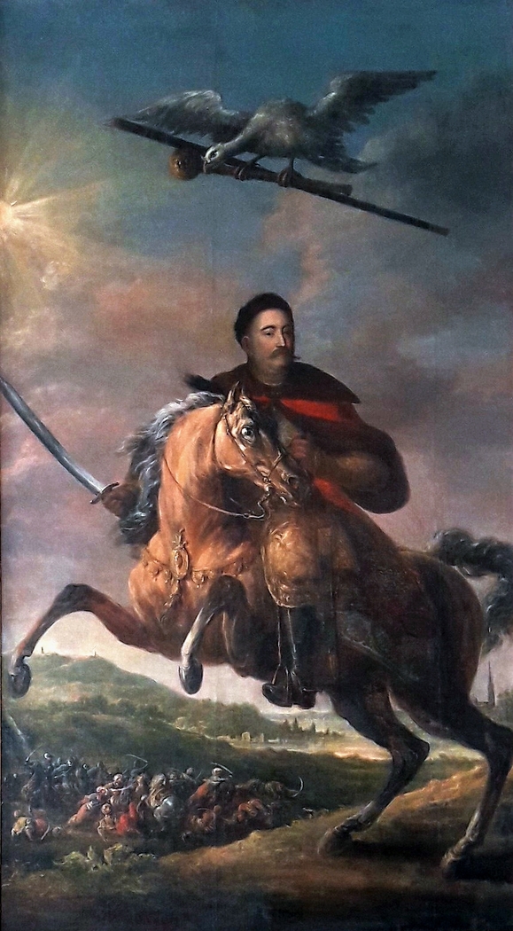 Equestrian portrait of John III Sobieski against the battle of Vienna.