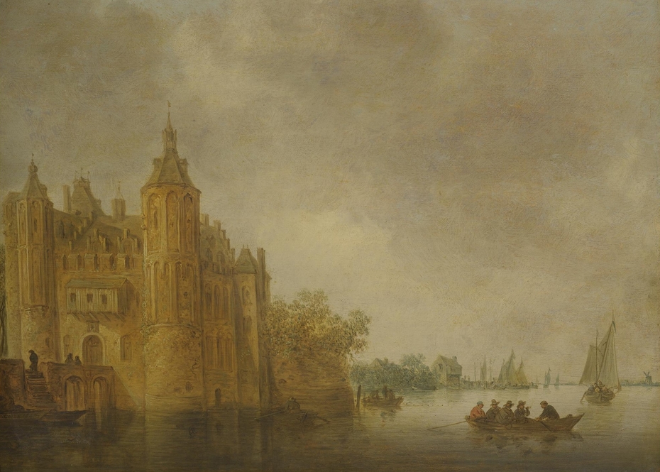 Figures in a rowing boat on a wide river before a large castle
