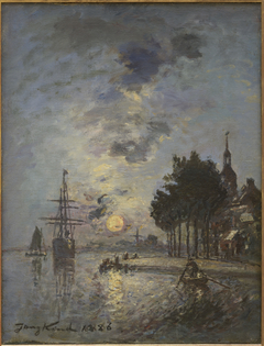 Gezicht op het Groothoofd te Dordrecht bij maanlicht by Johan Jongkind