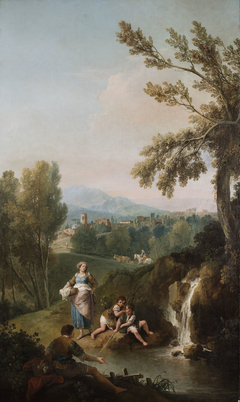 Hilly Landscape with two Children Fishing Watched by a Standing Woman and a Seated Man by Francesco Zuccarelli