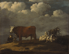 Hirtenknabe mit Vieh auf der Weide