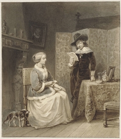 Historisch interieur met zittende vrouw en staande, lezende man by Willem Pieter Hoevenaar