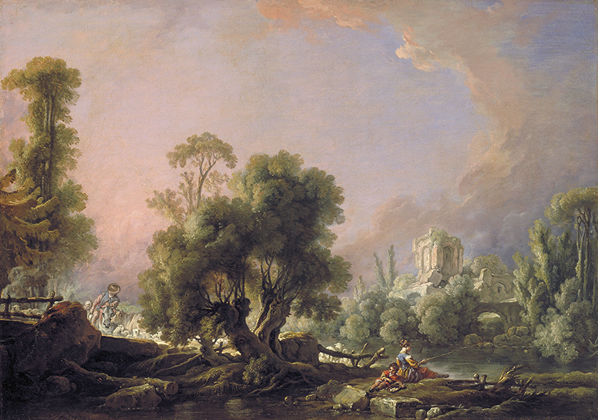 Idyllic Landscape with Woman Fishing