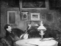 Interiør fra en stue, hvor en ung mand ligger henslængt i en sofa og spiller lut, aften by Peter Alfred Schou