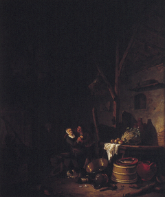 Interior of a barn with a peasant courting a woman by Hendrik Martenszoon Sorgh