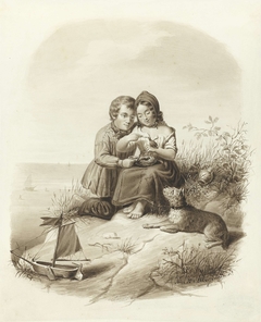 Jongen en een meisje met een hond voeren een vogeltje by Jan Braet von Uberfeldt