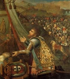 King John I of Portugal depositing his arms on the altar of Our Lady of Oliveira after the Battle of Aljubarrota by Friar Manuel dos Reis