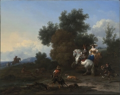 Landscape with an Elegant Hunting Party on a Stag Hunt by Nicolaes Pieterszoon Berchem
