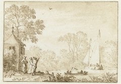 Landschap met drie figuren aan de oever van een water by Allaert van Everdingen